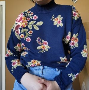 Floral Mock Neck Sweater - Navy